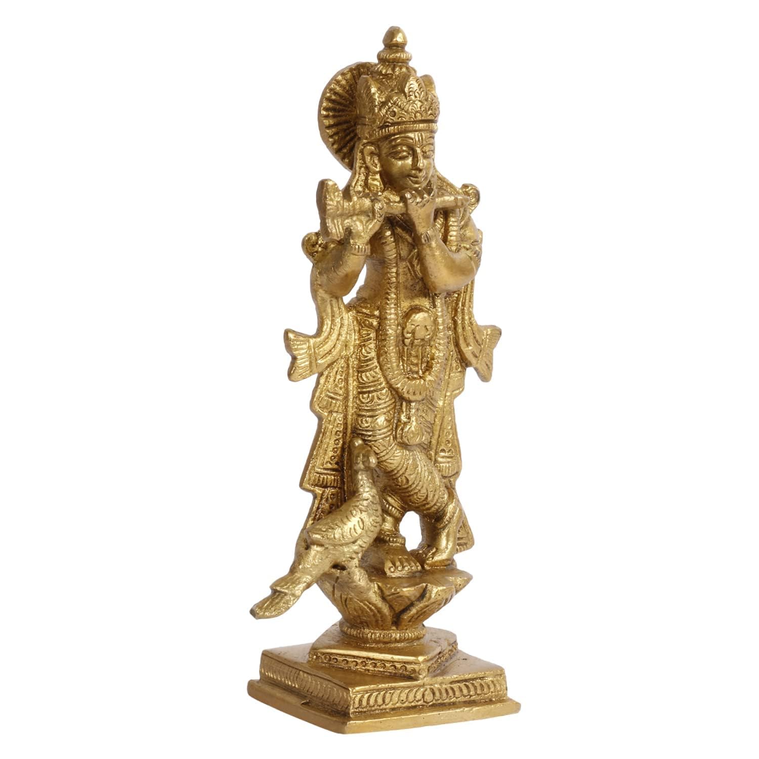 SVARUP Brass Krishna Idol Playing Flute in Gold Color for Small Mandir Height 6 Inch - SvarupArt