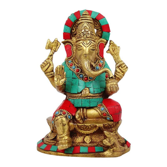 Brass Sitting Ganesha Idol In Multicolor Height 6.5 Inch Weight 1.6 Kg - SvarupArt