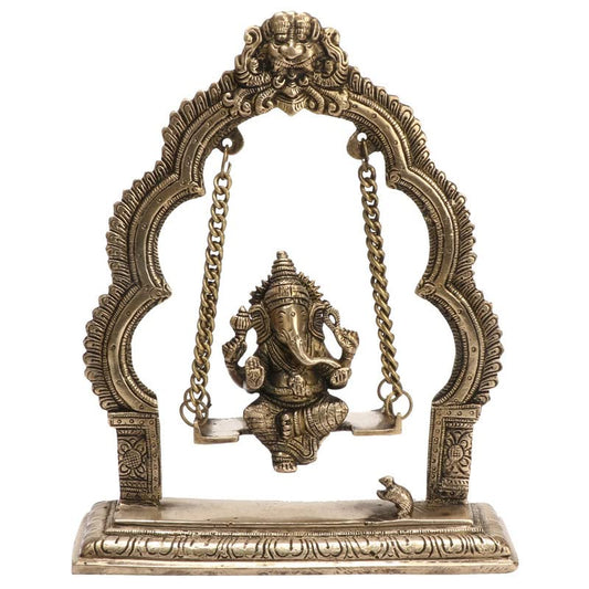 Brass Jhula Ganesha Idol In Gold Color Height 5.5 Inch Weight 1.3 Kg - SvarupArt
