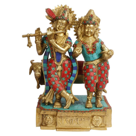 Brass Radha Krishna Murti with Gau Mata in Multicolor Height 11.5 Inch - SvarupArt