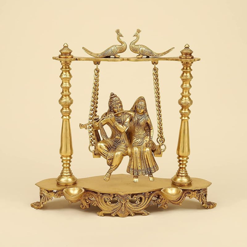 Brass Radha Krishna Jhula in Gold Color Height 16 Inch - SvarupArt