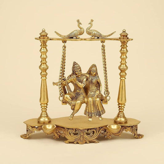 Brass Radha Krishna Jhula in Gold Color Height 16 Inch - SvarupArt