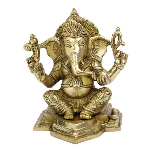 Brass Sitting Ganesha Idol In Gold Color Height 7 Inch Weight 3 Kg - SvarupArt