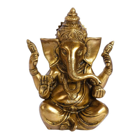 Brass Sitting Ganesha Idol In Gold Color Height 9 Inch Weight 2 Kg - SvarupArt