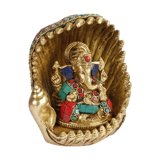 Brass Sitting Ganesha Idol In Multicolor Height 7 Inch Weight 1.9 Kg - SvarupArt