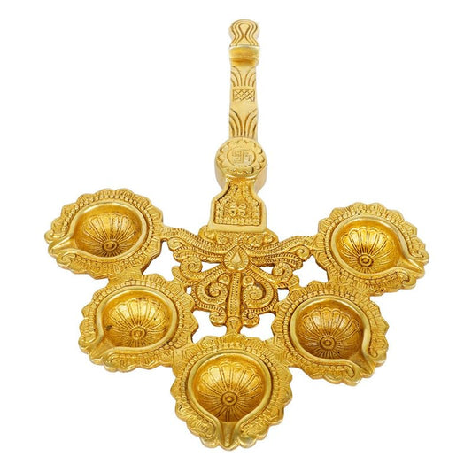 12 Inch Gold Color Brass Long Handle Panch Arti Oil Lamp Diya: Perfect for Temple Aarti - SvarupArt