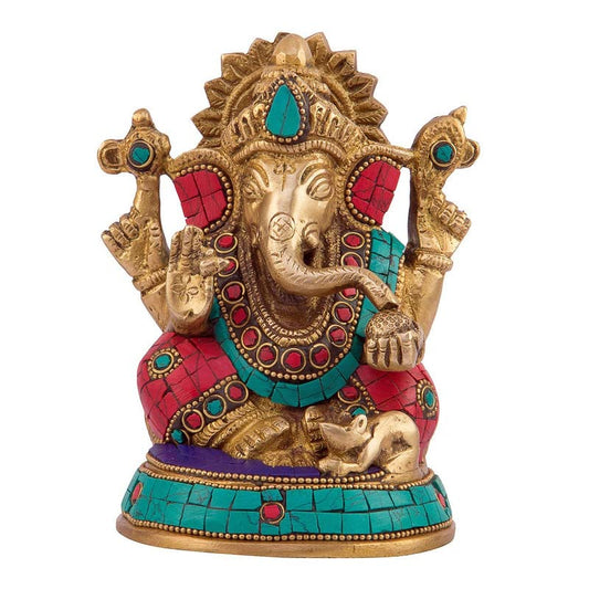 Brass Sitting Ganesha Idol In Multicolor Height 5.5 Inch Weight 1.6 Kg - SvarupArt