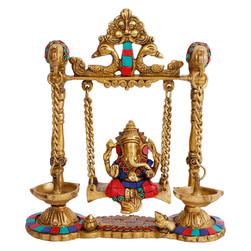 Brass Jhula Ganesha Idol In Multicolor Height 8 Inch Weight 2.2 Kg - SvarupArt