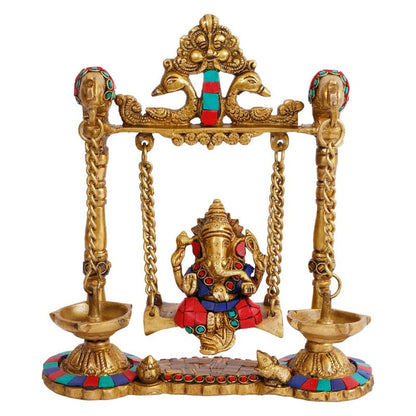 Brass Jhula Ganesha Idol In Multicolor Height 8 Inch Weight 2.2 Kg - SvarupArt
