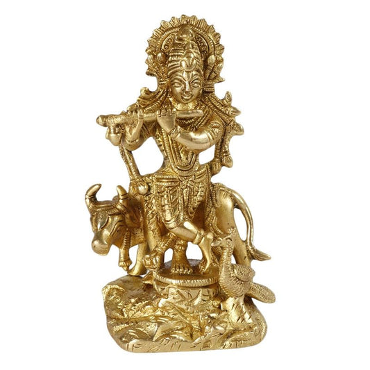 Brass Krishna Bhagwan Murti with Gau Mata in Gold Color Height 4.5 Inch - SvarupArt