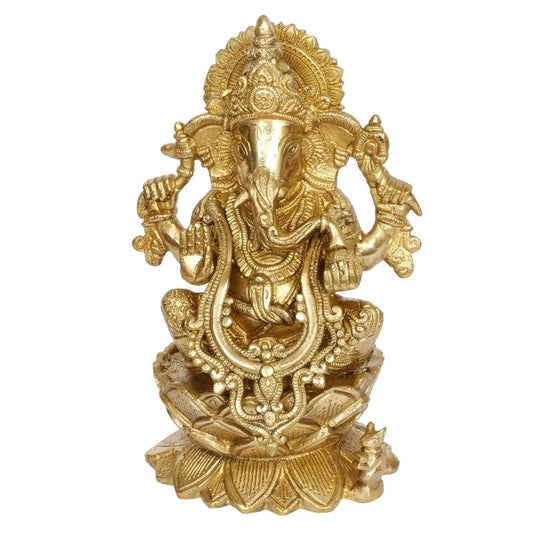 Brass Sitting Ganesha Idol In Gold Color Height 7.5 Inch Weight 2.8 Kg - SvarupArt