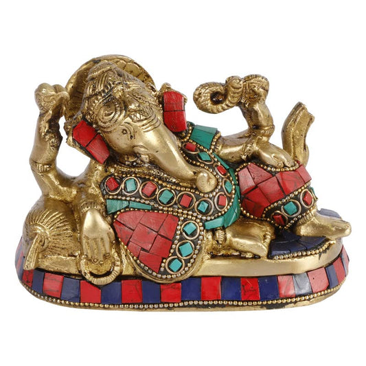 Brass Resting Ganesha Idol In Multicolor Height 3 Inch Weight 1.7 Kg - SvarupArt