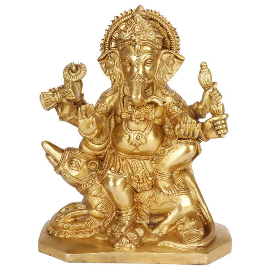 Brass Sitting Ganesha Idol In Gold Color Height 6.5 Inch Weight 1.75 Kg - SvarupArt