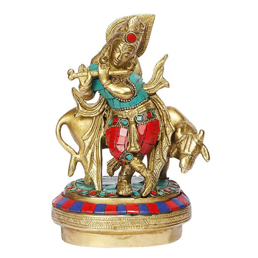 Brass Krishna Bhagwan with Gau Mata in Multi Color Height 7 Inch - SvarupArt