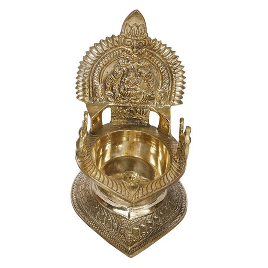 7 Inch Gold Color Brass Laxmi Diya with Large Container: For Home, Diwali, Wedding Gifts & Temple Decor - SvarupArt