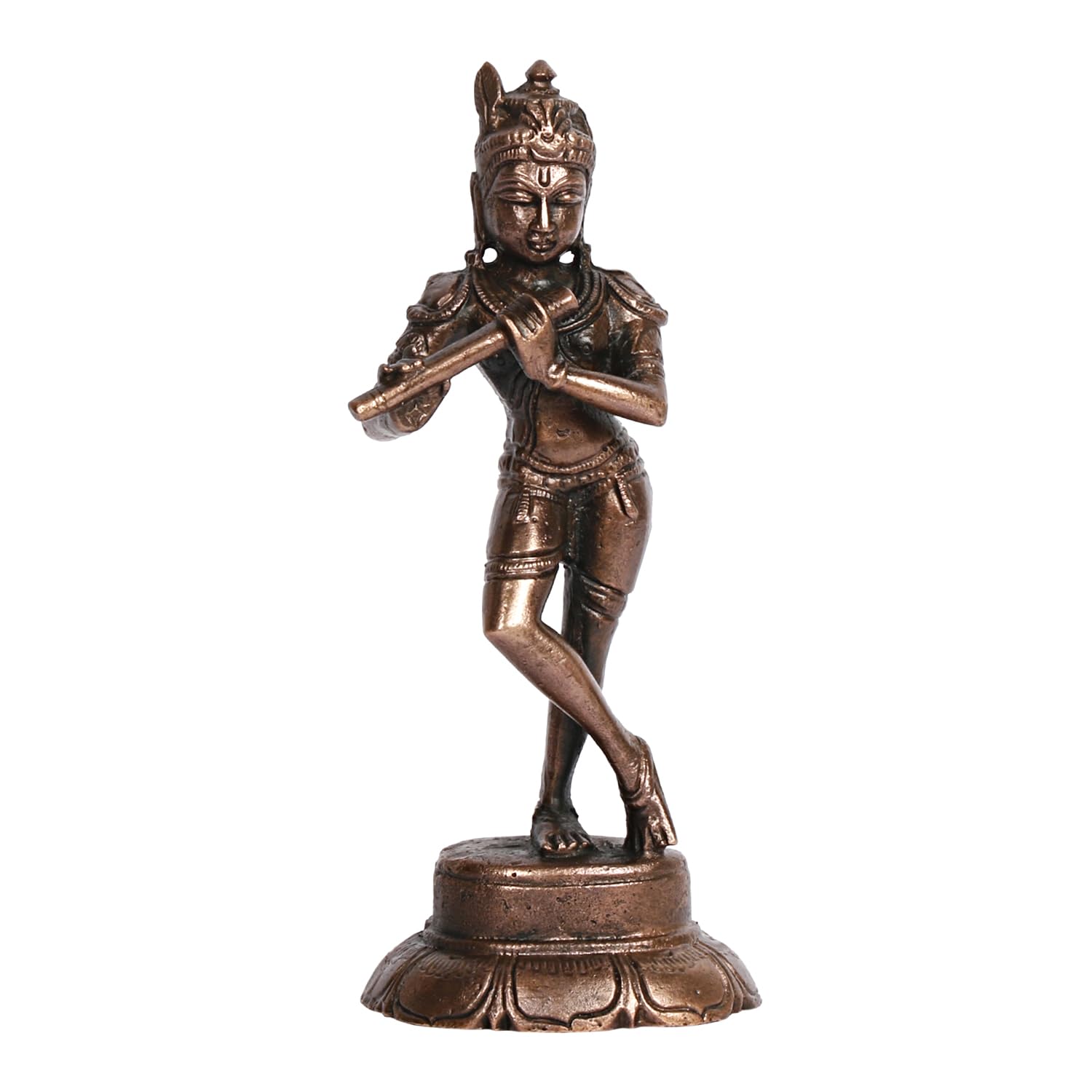 Copper Idol Krishna Handmade Copper Krishan Playing Flute Patina Antique Finish 4 Inch 175 Grams Pack of 1 Piece - SvarupArt