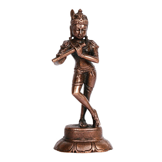 Copper Idol Krishna Handmade Copper Krishan Playing Flute Patina Antique Finish 4 Inch 175 Grams Pack of 1 Piece - SvarupArt