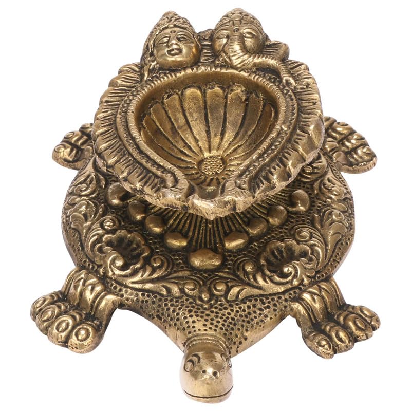 6 Inch Gold Color Brass Diya Tortoise with Laxmi Ganesh: Vastu Kachua Designer Deepak Deepam, Home Decor - SvarupArt