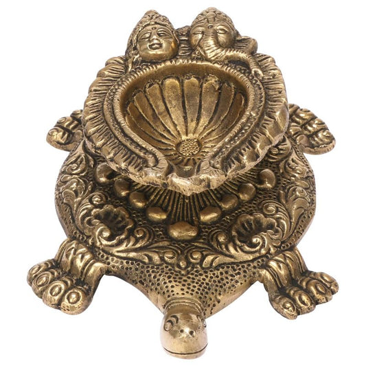 6 Inch Gold Color Brass Diya Tortoise with Laxmi Ganesh: Vastu Kachua Designer Deepak Deepam, Home Decor - SvarupArt