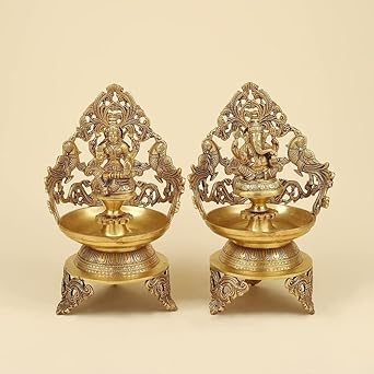 13.5 Inch Gold Color Brass Laxmi Ganesh Oil Lamp Diya Deepam: Ideal for Temple Aarti, Deepak Pooja, and Jyot Lighting - SvarupArt