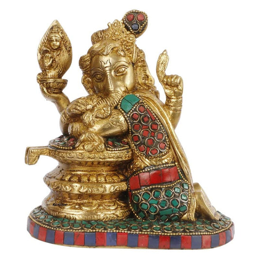Brass Sitting Ganesha Idol In Multicolor Height 10 Inch Weight 2.4 Kg - SvarupArt