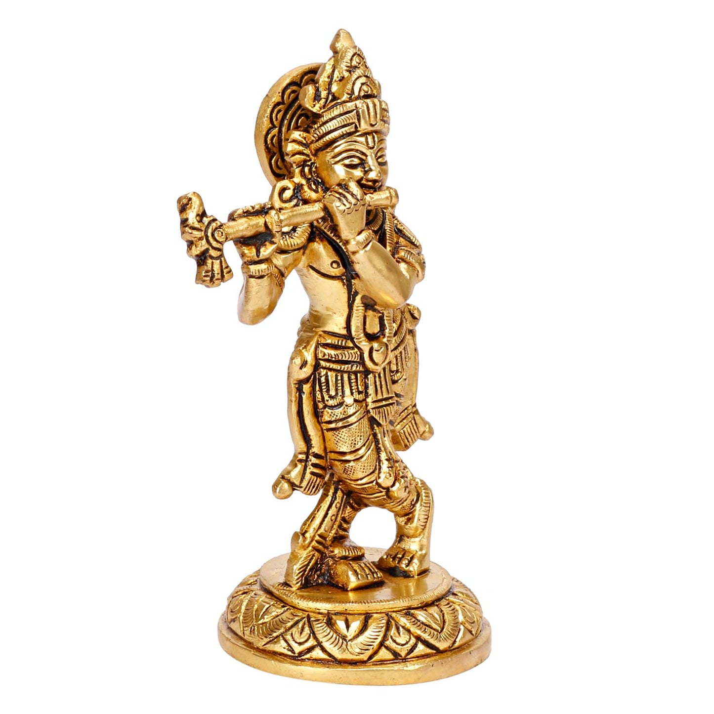 Brass Lord Krishna Idol with Flute Kanha Ji ki Murti Idols For Puja Decor Gift Gold Color Height 5.5 Inches - SvarupArt
