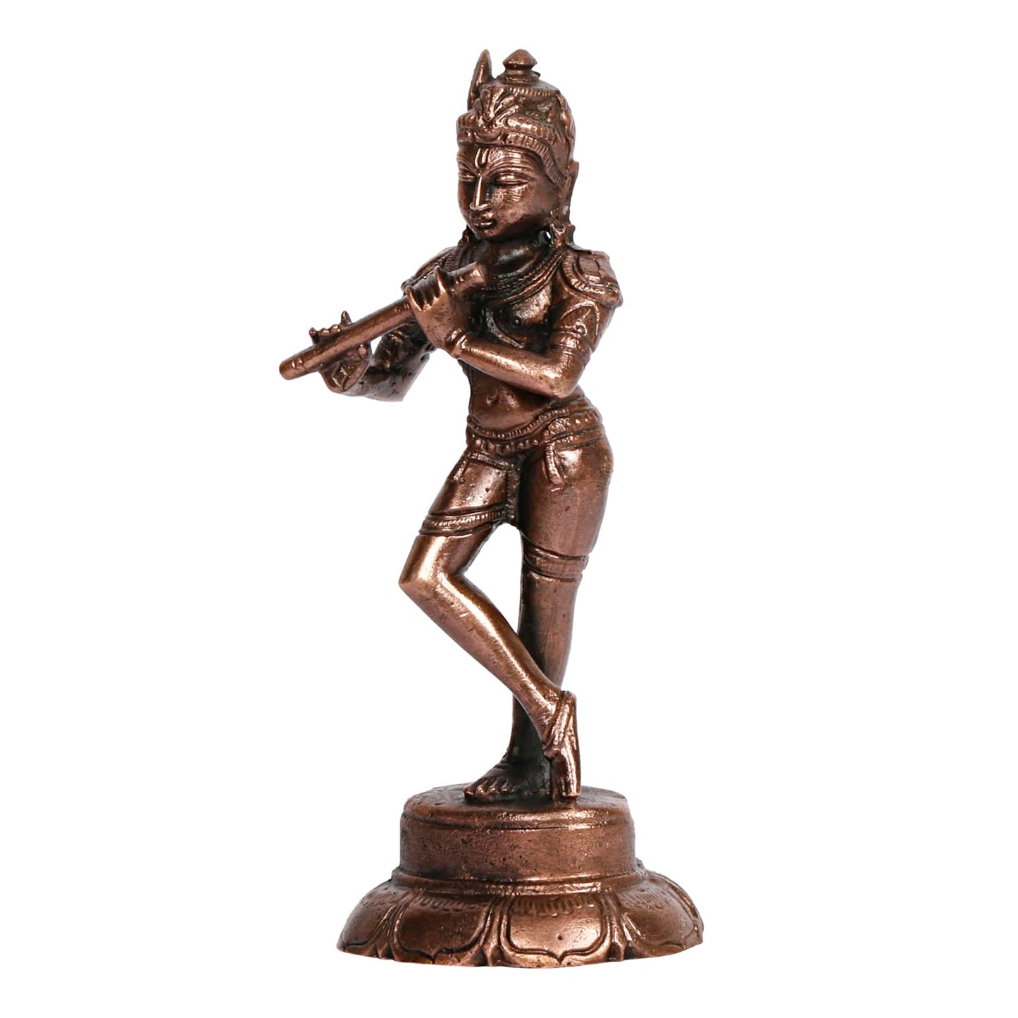 Copper Idol Krishna Handmade Copper Krishan Playing Flute Patina Antique Finish 4 Inch 175 Grams Pack of 1 Piece - SvarupArt