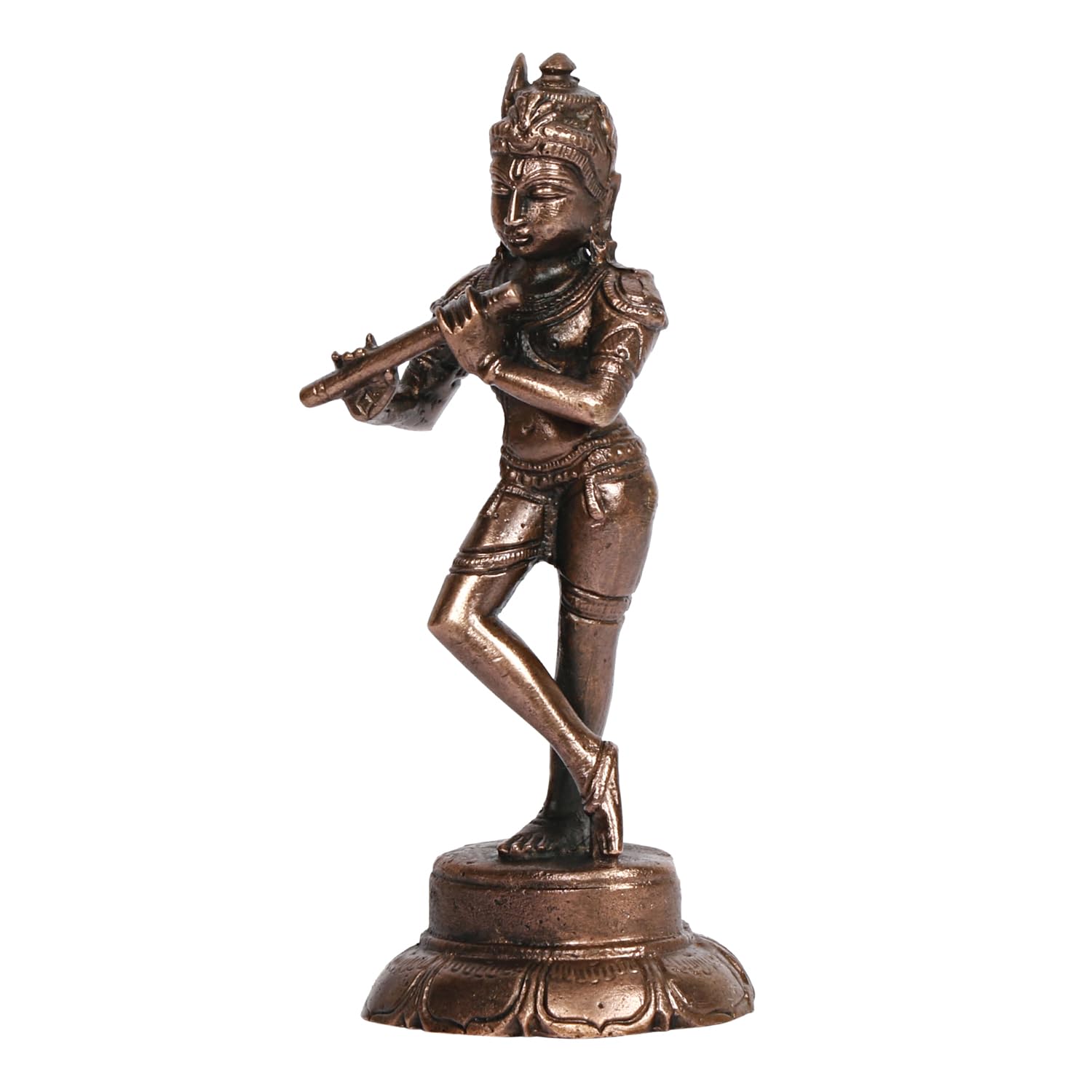 Copper Idol Krishna Handmade Copper Krishan Playing Flute Patina Antique Finish 4 Inch 175 Grams Pack of 1 Piece - SvarupArt