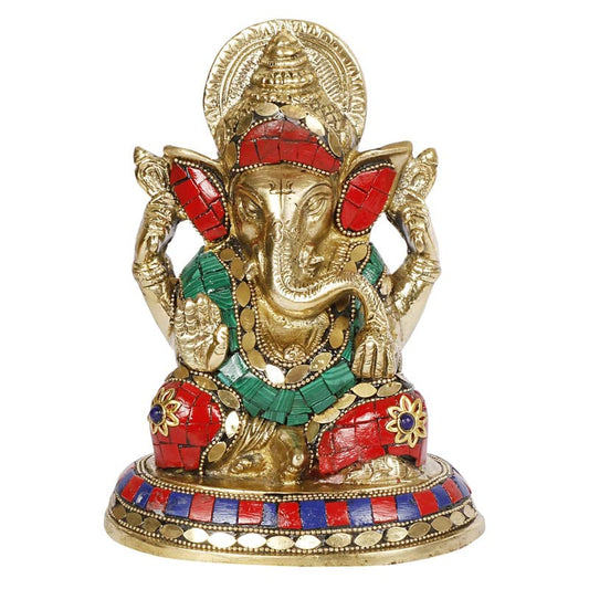 Brass Sitting Ganesha Idol In Multicolor Height 7 Inch Weight 1.8 Kg - SvarupArt