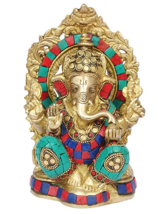 Brass Sitting Ganesha Idol In Multicolor Height 7 Inch Weight 2.3 Kg - SvarupArt