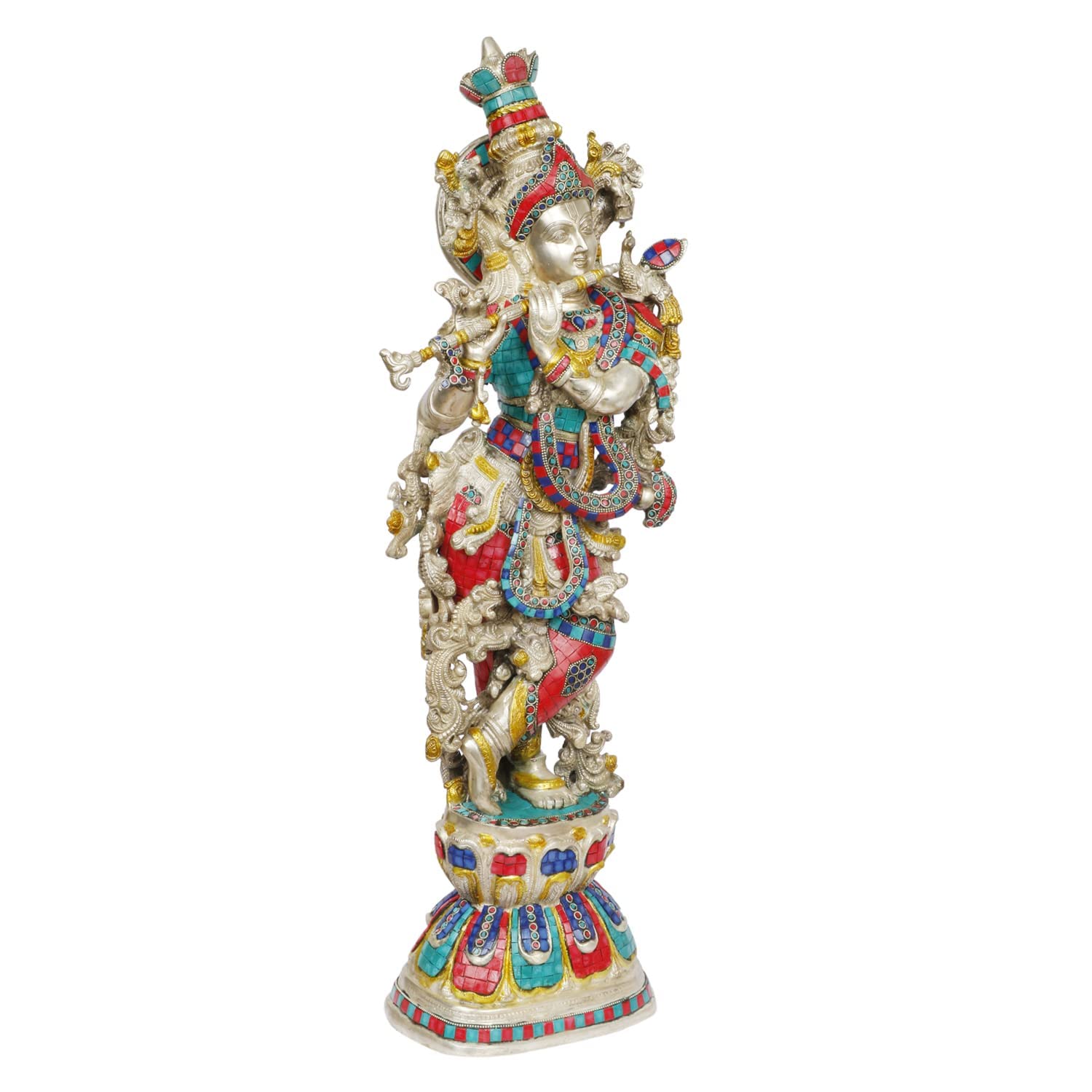 Brass Krishna Bhagwan Idol Murli Kishan Murti Playing Bansuri Gift for Home Mandir Decor Marriage Height 29 Inch - SvarupArt
