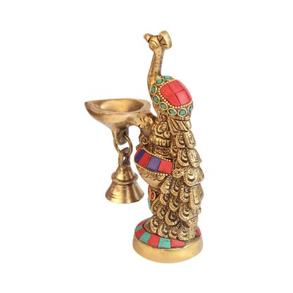 Brass Ethnic Carved Peacock Design Brass Diya with Bell, Brass Antique Oil Lamp, Brass Diyas for Home. - SvarupArt