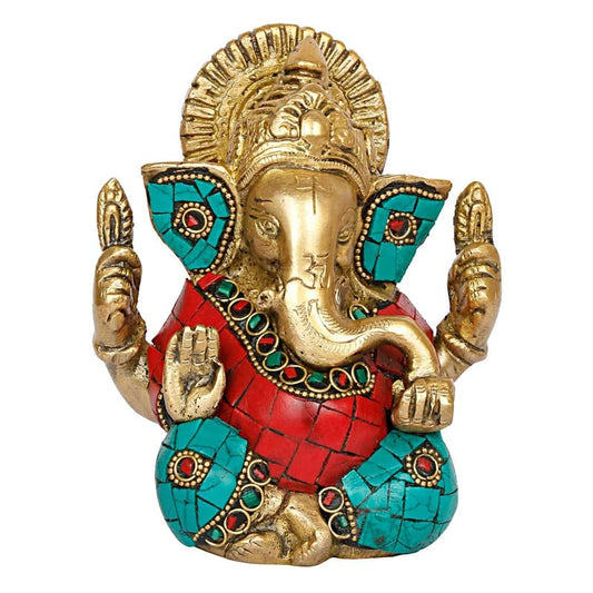 Brass Sitting Ganesha Idol In Multicolor Height 4.5 Inch Weight 0.9 Kg - SvarupArt