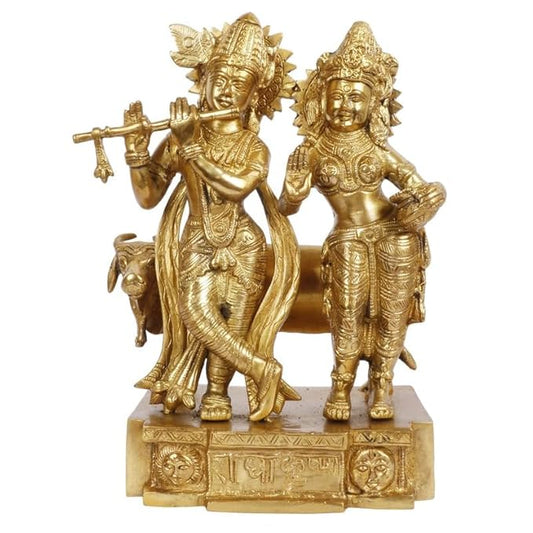 Brass Radha Krishna Murti with Gau Mata in Gold Color Height 11.5 Inch - SvarupArt