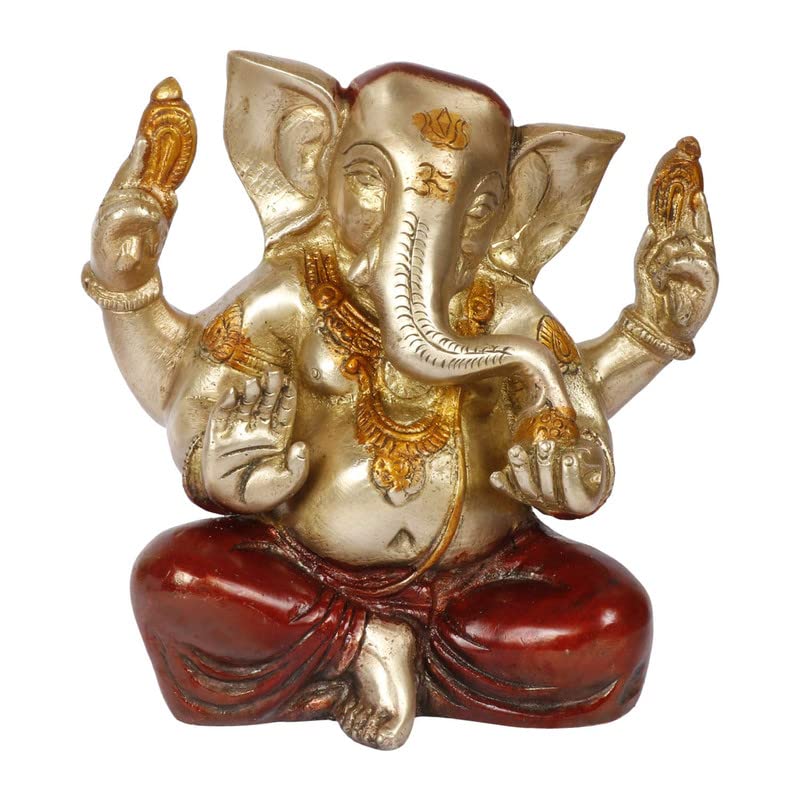Brass Sitting Ganesha Idol In Multicolor Height 9 Inch Weight 1.8 Kg - SvarupArt