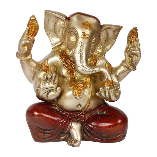 Brass Sitting Ganesha Idol In Multicolor Height 9 Inch Weight 1.8 Kg - SvarupArt