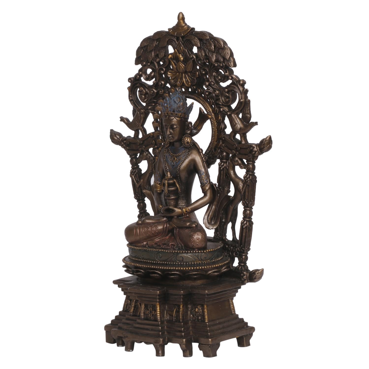 An 8-Inch Tall Bronze-Toned Resin Buddha Statue Featuring An Intricate Ornate Backdrop - SvarupArt