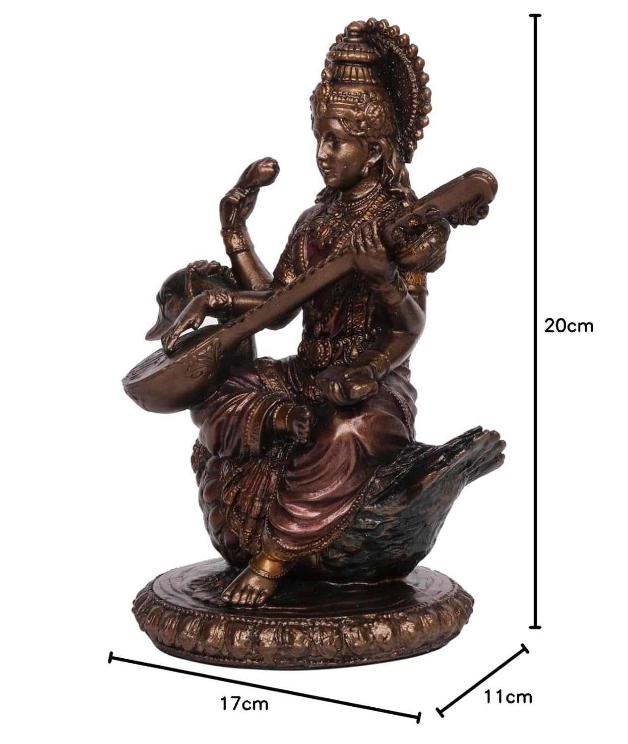 Bronze Colored Resin Saraswati Statue With A Height Of 8 Inches. - SvarupArt