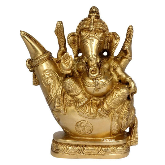 Brass Sitting Ganesha Idol In Gold Color Height 10.5 Inch Weight 1.7 Kg - SvarupArt
