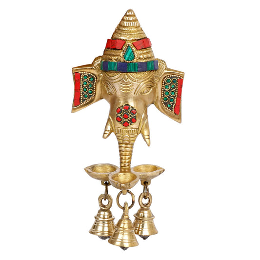 Brass Ganesha Wall Hanging with Bells and Diya Lamp Religious Diwali Puja Item Pooja Room, Office, Home Decor - SvarupArt