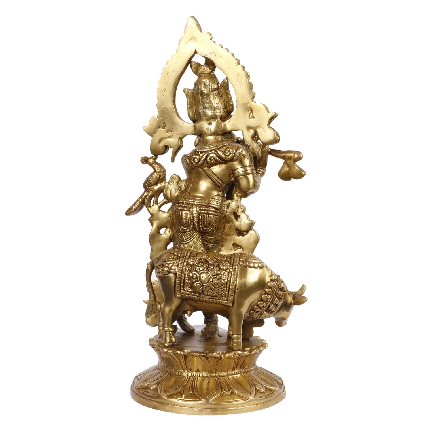 Brass Shri Krishna Idol with Cow Kishan Bhagwan Murti Lord Krishna Cow Statue with Flute Big Size Height 12 Inch - SvarupArt