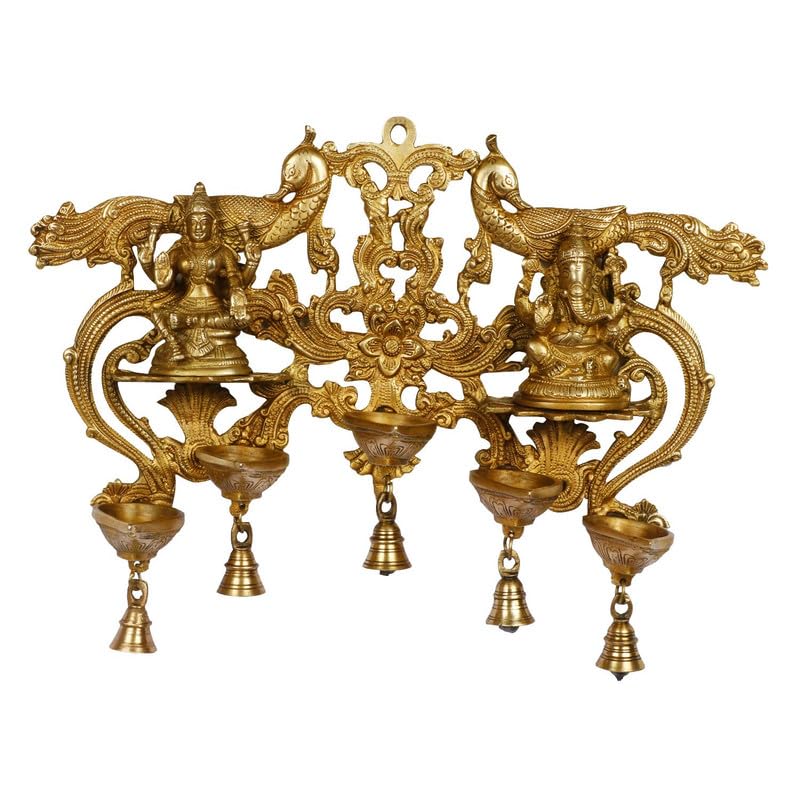 14 Inch Gold Color Brass Laxmi Ganesh Wall Hanging Multi Diya with Bell: Perfect for Home Decor - SvarupArt