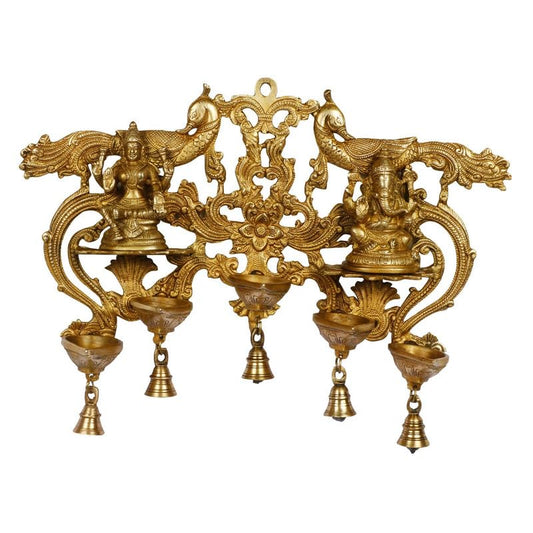 14 Inch Gold Color Brass Laxmi Ganesh Wall Hanging Multi Diya with Bell: Perfect for Home Decor - SvarupArt