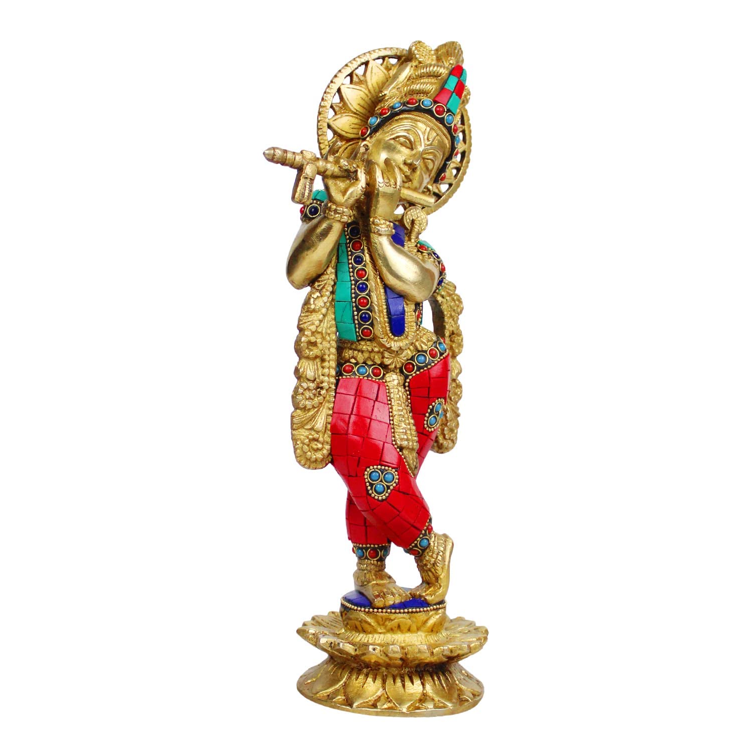 Brass Krishna Statue for Living Room Showpiece in Multi Color Height 12 Inch - SvarupArt