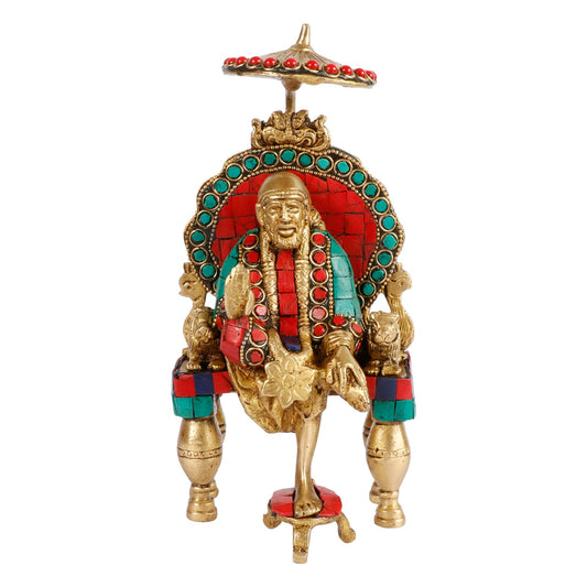 Brass Multicolour Sai Baba Murti Statue for Home Pooja Temple Height 8 Inch - SvarupArt