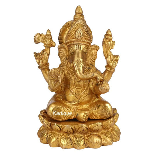 Brass Ganesha sitting On Lotus Idol In Gold Color Height 6 Inch Weight 1.5 Kg - SvarupArt