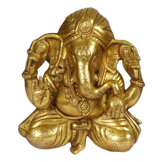 Brass Sitting Ganesha Idol In Gold Color Height 7.5 Inch Weight 2.5 Kg - SvarupArt