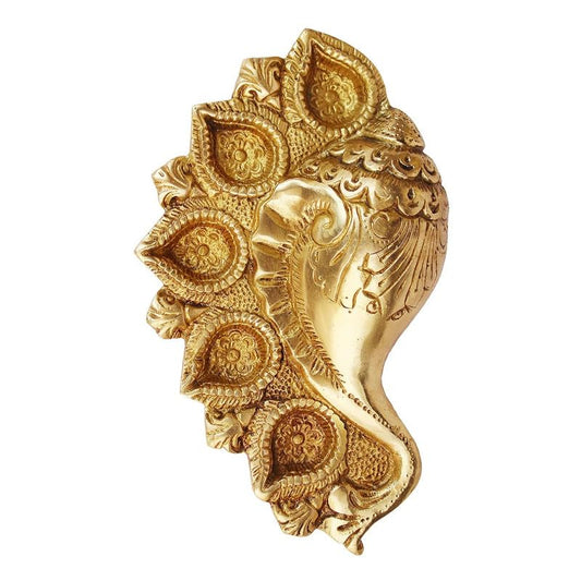 Gold Color Brass Ganesh-Conch Diya: Small Size with Five Lamps for Puja. - SvarupArt