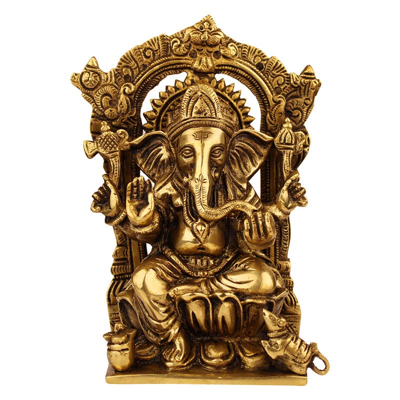 Brass Sitting Ganesha Idol In Gold Color Height 8 Inch Weight 1.7 Kg - SvarupArt