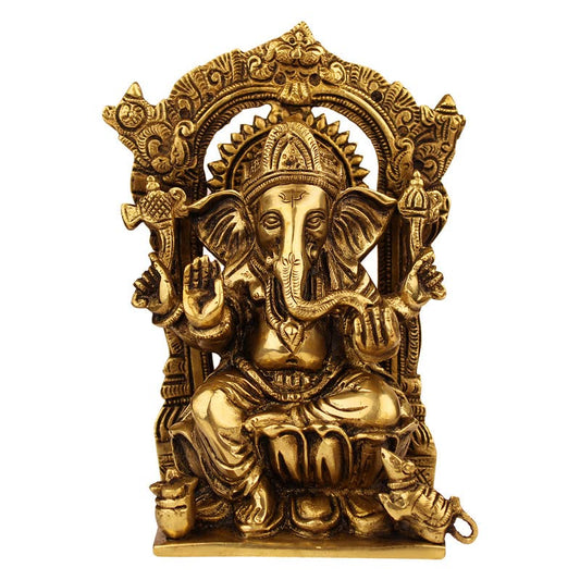 Brass Sitting Ganesha Idol In Gold Color Height 8 Inch Weight 1.7 Kg - SvarupArt